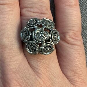 Vintage Silver Tone Rose Cluster Dome Cocktail Ring Adjustable